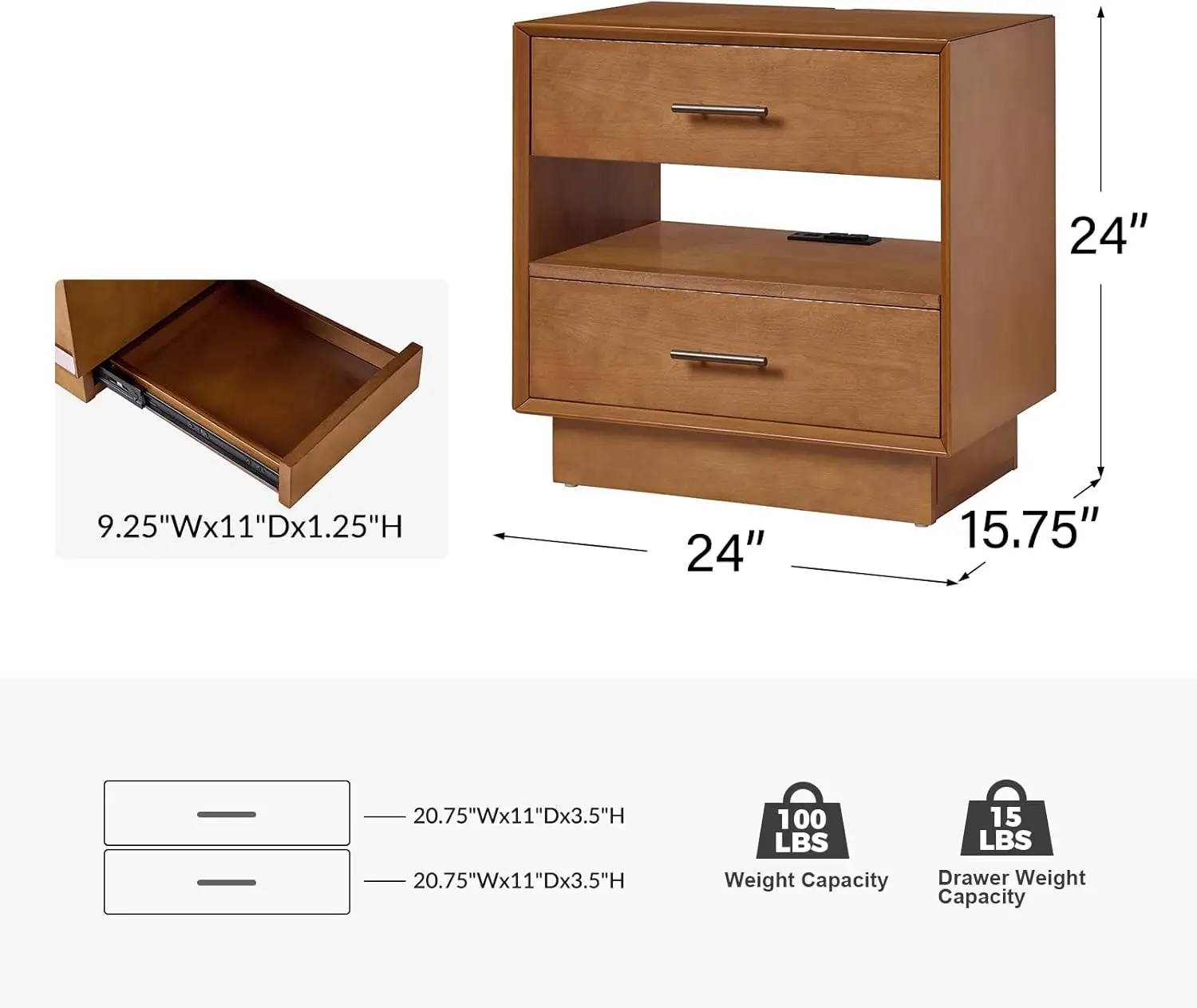 2 Drawer Nightstand with Charging Station, Bedside Table with 1 Hidden Drawer and Open Storage Shelf, Bedroom Furniture