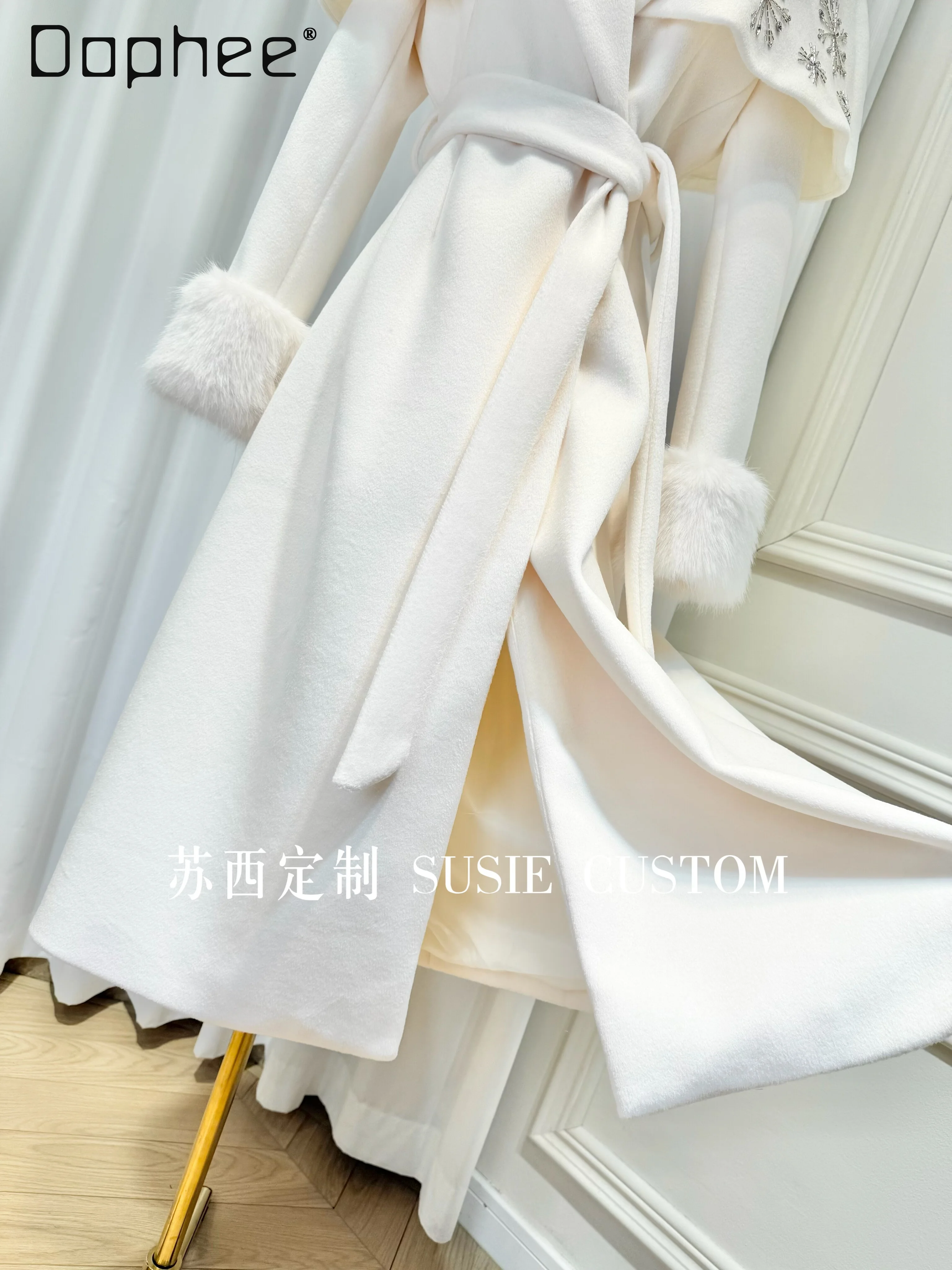 High-end Detachable Beaded Cape Shawl Plush Patchwork Long Sleeve Turn-down Collar Tie Pocket Mid-length Slim Woolen Coat Women