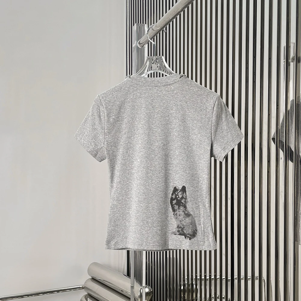 Cotton Blend Women's T-Shirt Y2k Cat Print Chains Decoration Elegant Commuting Crew Neck Short Sleeve Tees Top 2025 Autumn New