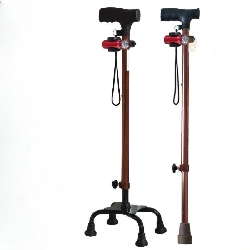 A walking aid with a single handed pole stick that can lift and lower the small four corner bracket