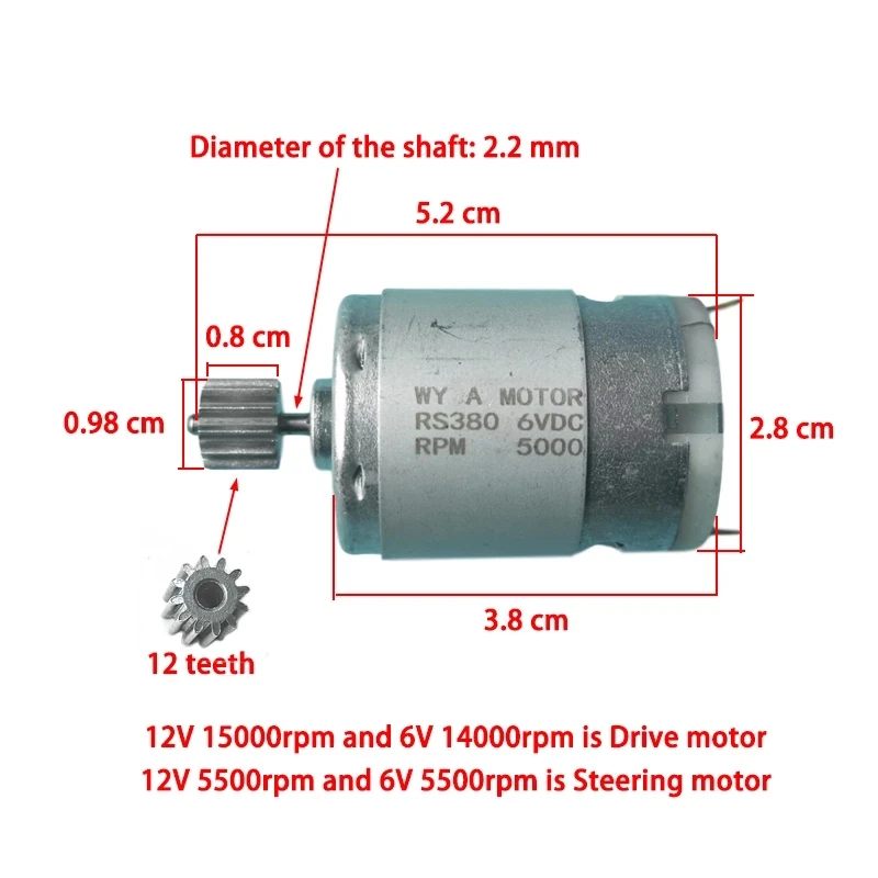 RS 390 RS 380 Motore per auto giocattolo elettrico per bambini 6V 12V DC Motor 12T Gear per giro per bambini sul motore dell\'auto per veicolo