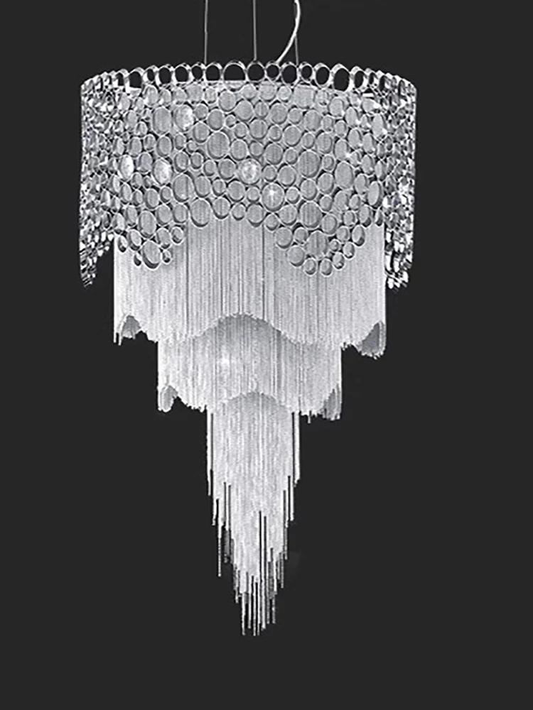 Modern Luxury Waterfall Tassel Metal Staircase Ceiling European Designer Pendant Lights Led Lustre Chandeliers Lighting Fixtures
