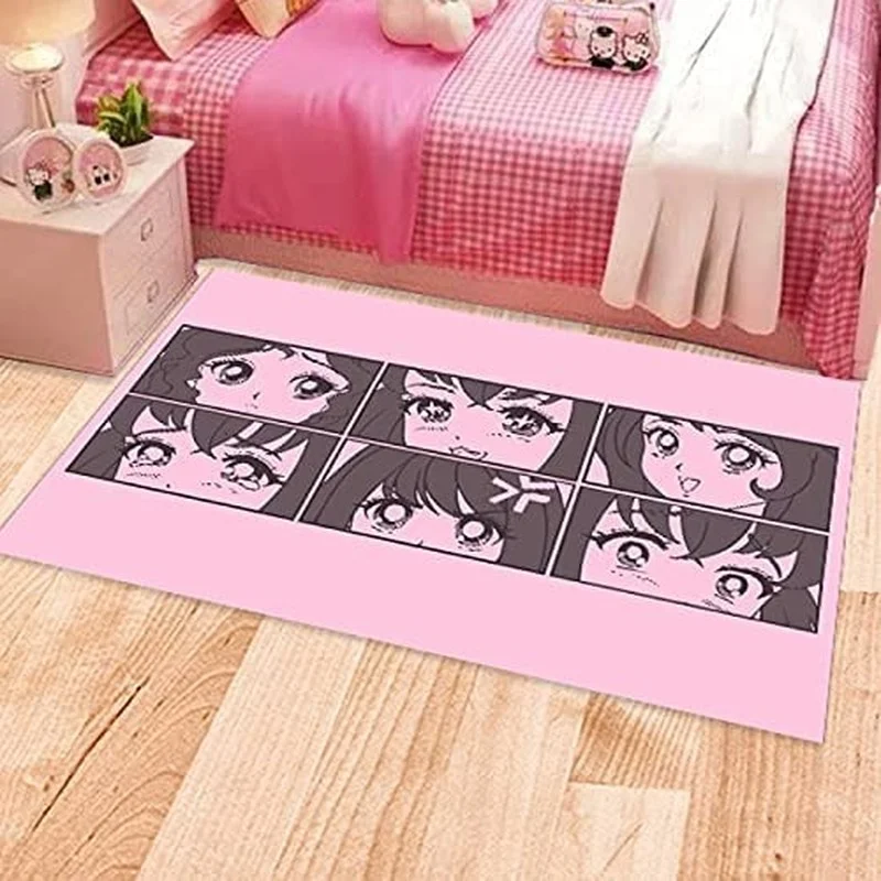 Anime Eyes Carpet Cute Kawaii Children Rectangle Room Area Carpet Happy Girl Expression Design Anti-Slip Floor Mat Pink Carpet