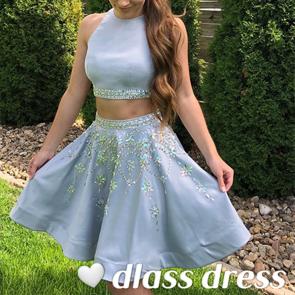 2022 New A-Line Two Piece Homecoming Dress Sleeveless Beading Princess Short Satin Party Vestidos De 15 Años فساتين حفلات التخرج