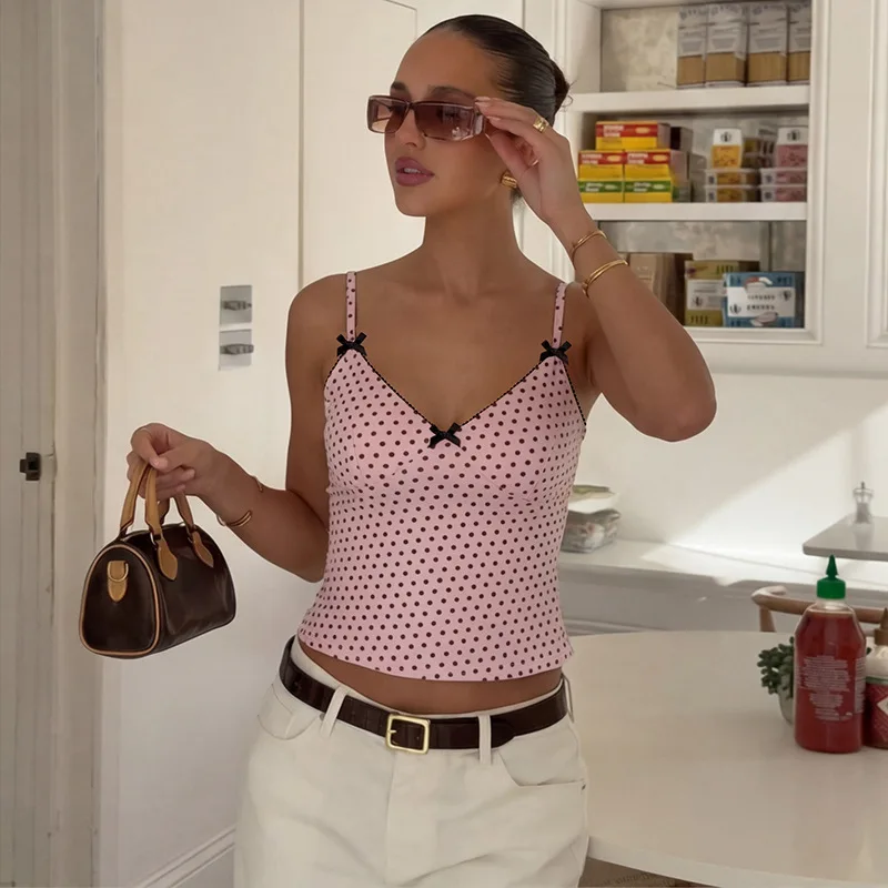 

TARUXY Stylish Polka-Dot Camisole Top Women Hot Girl Deep V-Neck Bow Sleeveless Slim Backless Sexy Straps Top Summer Street Tops