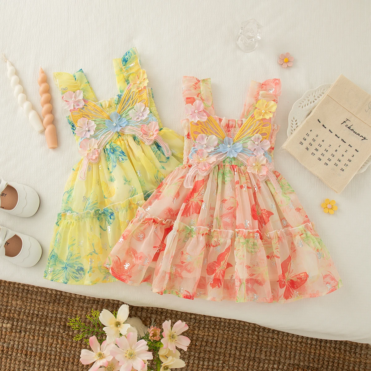 Princess Style Flower Butterfly Wing Baby Girl Dress, Summer New Children'S Sleeveless Clothes For Vacation Parties (0 -4 Years)