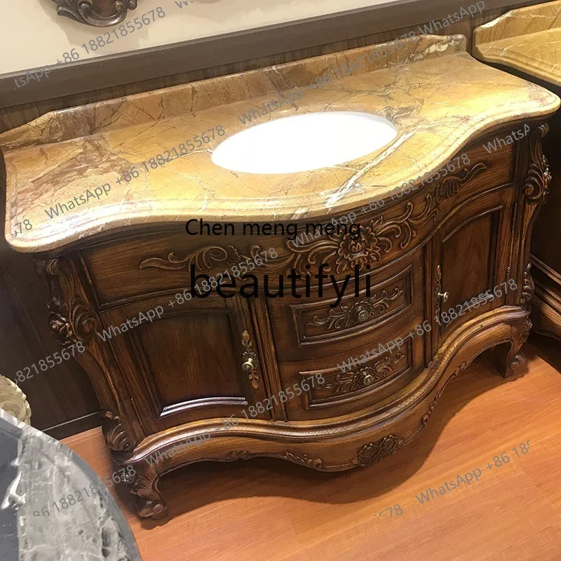 European bathroom cabinet Antique bathroom cabinet Solid wood washbasin Floor-to-ceiling washstand Oak bathroom cabinet