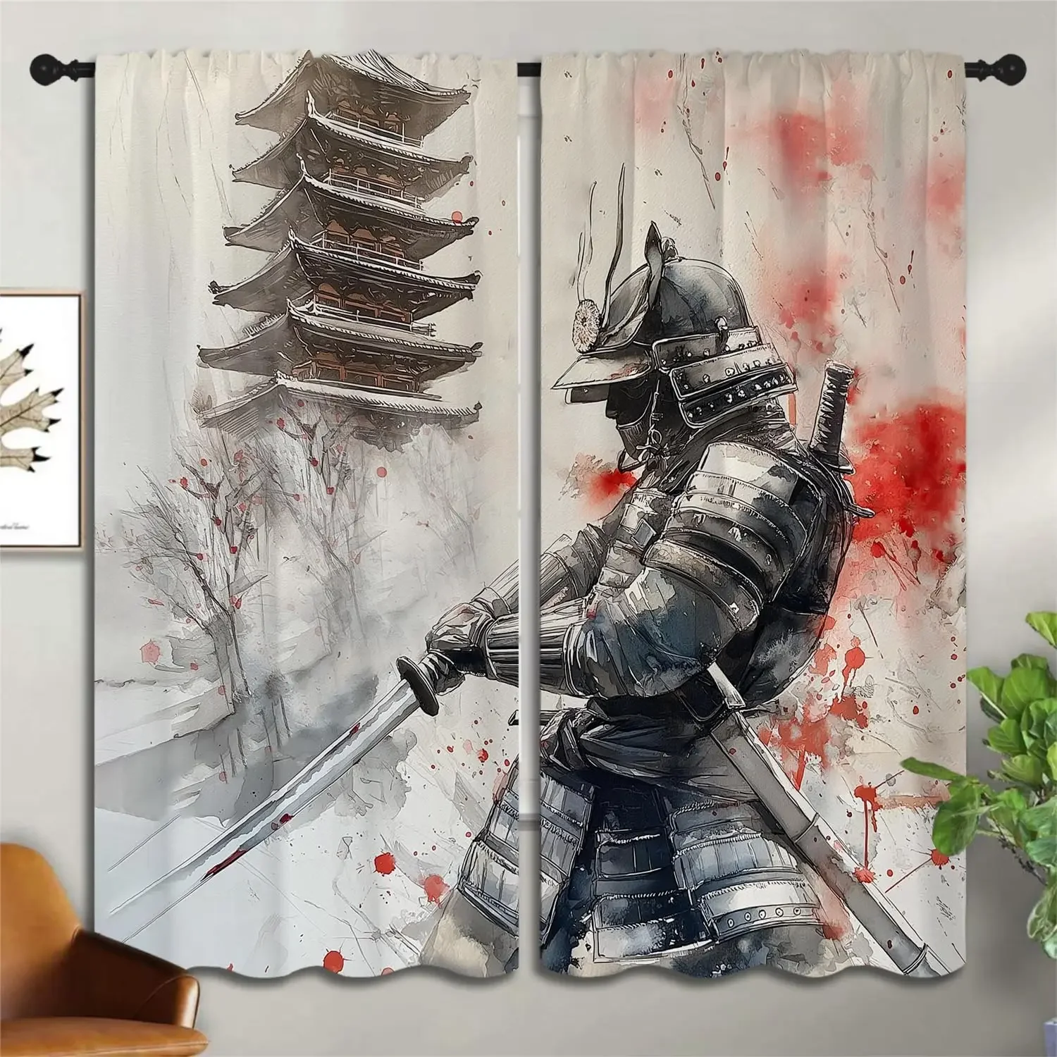 Asian Watercolor Anime Boy Girls Blackout Curtains,Japanese Armor Sword Samurai Vintage, 2 Panel Rod Pocket Thermal Insulated