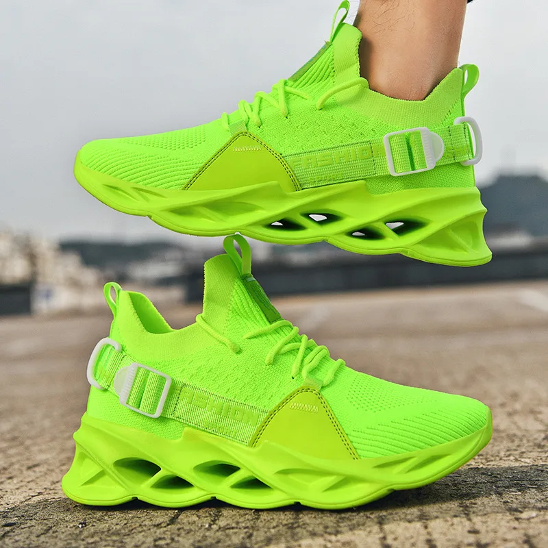 Gorąca sprzedaż Mesh fluorescencyjny zielony adidasy do biegania dla mężczyzn tanie oświetlenie męskie buty trenerzy moda oddychające buty sportowe