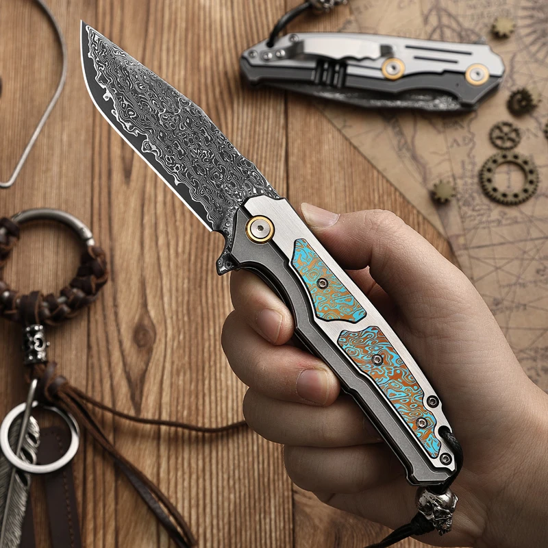 High-quality Damascus steel folding knife, pocket razor, with sheath; ideal for outdoor activities, survival, portable EDC knife