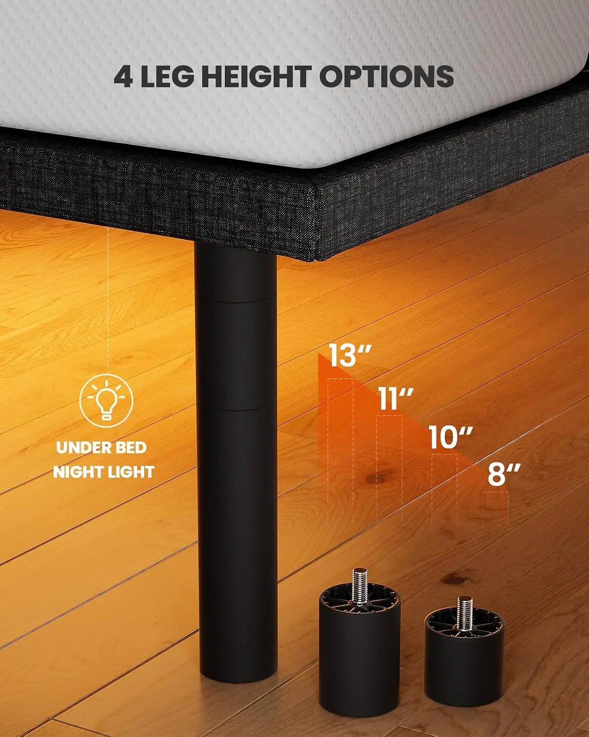 Adjustable Bed Base with Massage, USB Ports, Night Light, Head & Foot Incline, 4 Height Options, Twin XL, Customized view 6