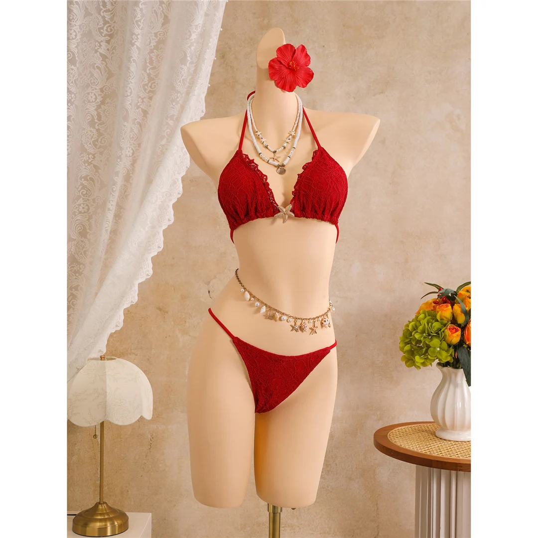 Mit Rüschenrock, Neckholder-Bikini, Damen-Badeanzug, dreiteiliges Bikini-Set, gepolsterter Badeanzug, Badebekleidung, Badeanzug V8400 – Detail 13
