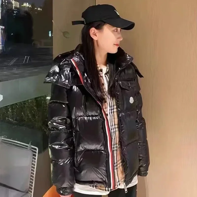 Chaquetas acolchadas brillantes de invierno para hombre y mujer, abrigos de plumón de pato ocasionales con capucha, chaquetas cálidas seguras para exteriores de alta calidad para hombre