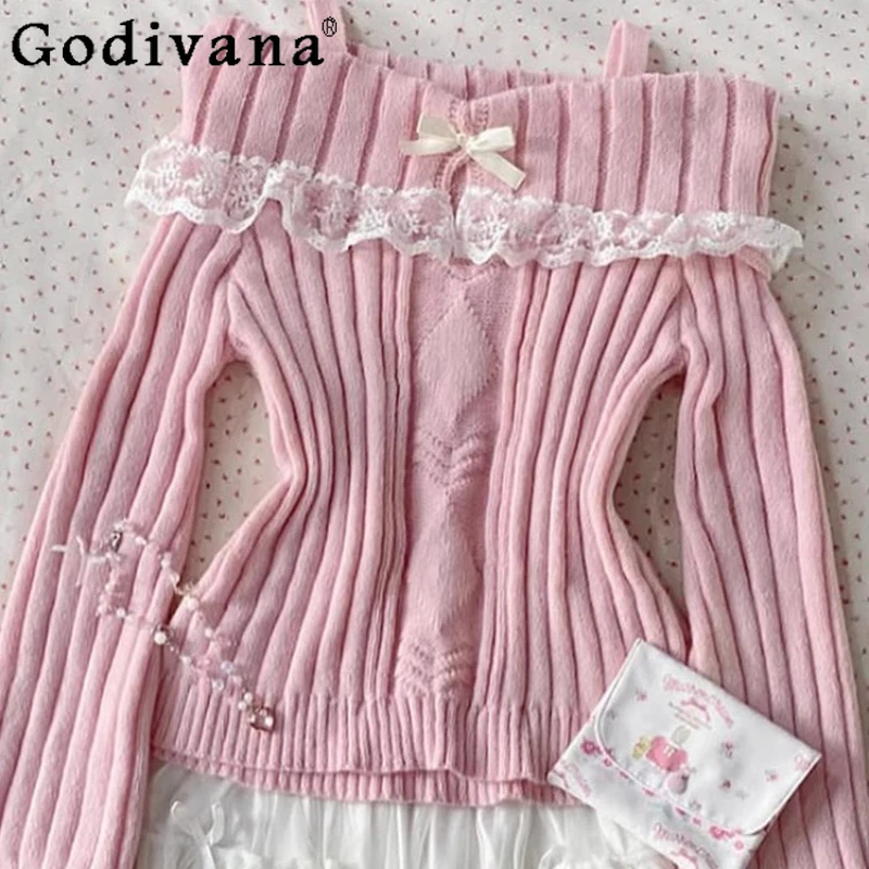 가을 새로운 아름다운 리본 스웨터 여성용 오리지널 프렌치 패션 달콤한 스웨터 여성용 긴 소매 핑크 레이스 로리타 스웨터