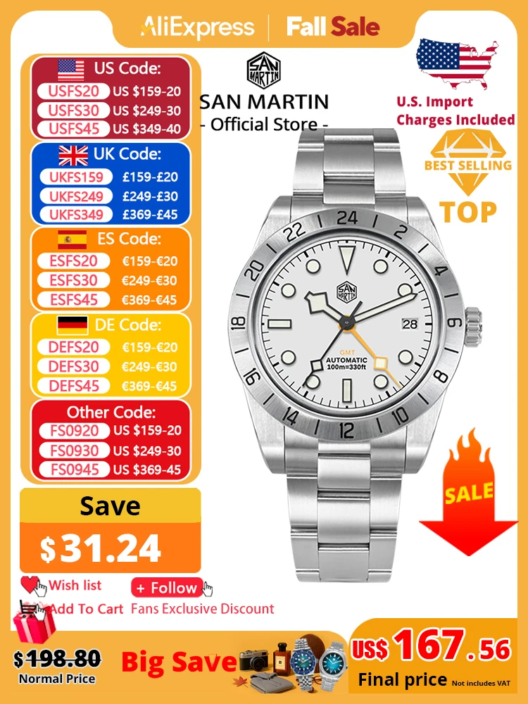 

San Martin New 39mm NH34 BB GMT Automatic Mechanical Watch Sport Watch Sapphire Luminous Waterproof 100m for Men Relogio SN0054