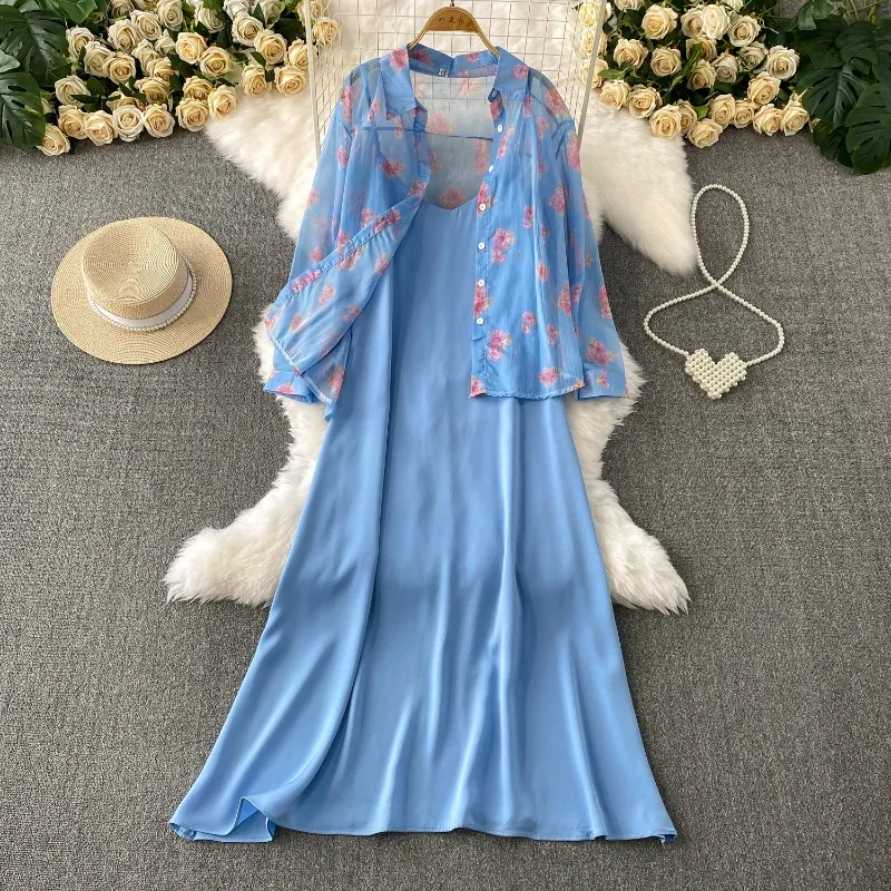 Ensemble deux pièces pour chemise de protection solaire, veste + robe longue ample, motif Floral bleu fin, à manches longues, costumes élégants à la mode, été 2026