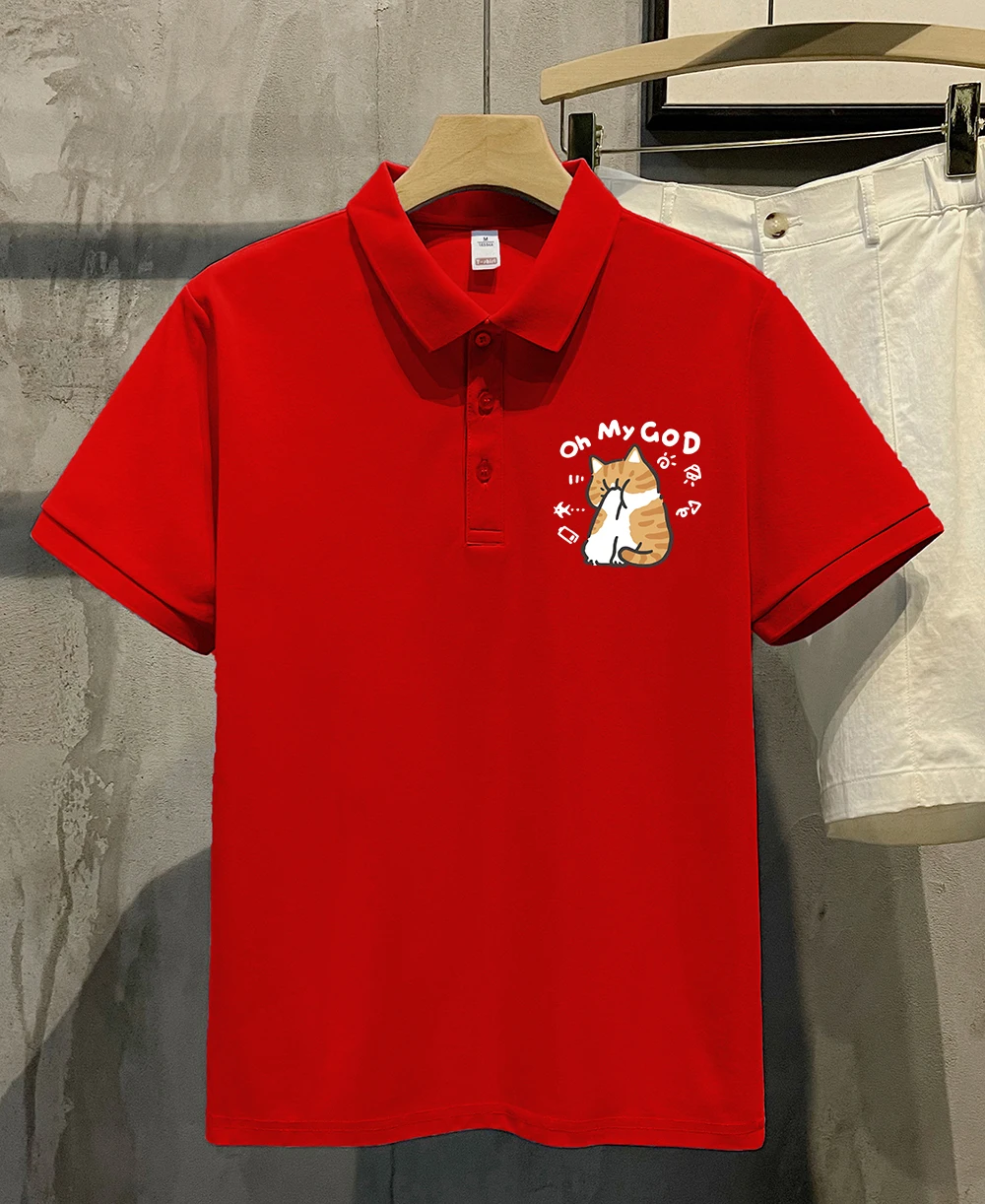 

Oh My God Cartoon Cat Printed Mens Polo Shirt Casual Golf Shirts Trendy Comfortable Short Sleeve All-Match Summer Streetwear