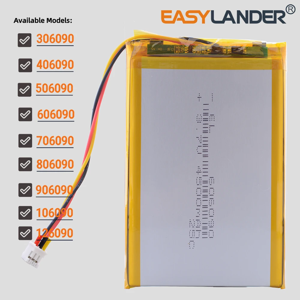 JST-PH 2.0mm 3Pin 3.7 6000mAh 906090 Lithium Li-ion Lipo Polymer Battery 306090 406090 506090 606090 706090 806090 106090 126090