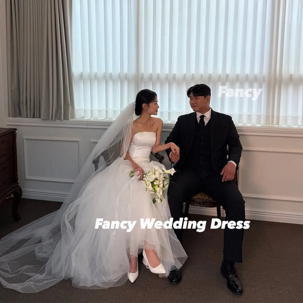 Fancy Simple Strapless Korea Wedding Dress A Line Soft Tulle Bridal Gown Floor Length Back Corset Customized