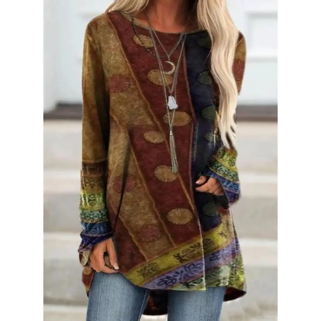 Camiseta larga estampada Sve para mujer, corte holgado, poliéster, informal, Faion, temporada de otoño, ropa para mujer, fibra de poliéster 00%