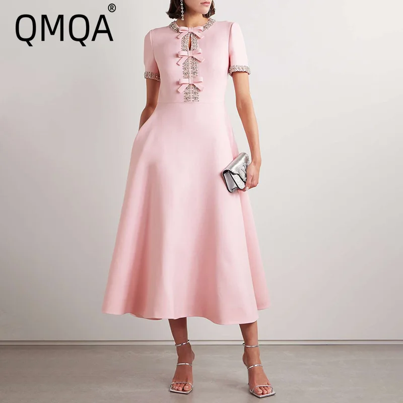 QMQA Fashion Women's Elegant Dress Spliced Bow Diamonds Short Sleeve Slimming Midi Dresses 2025 Female New Clothing QM217