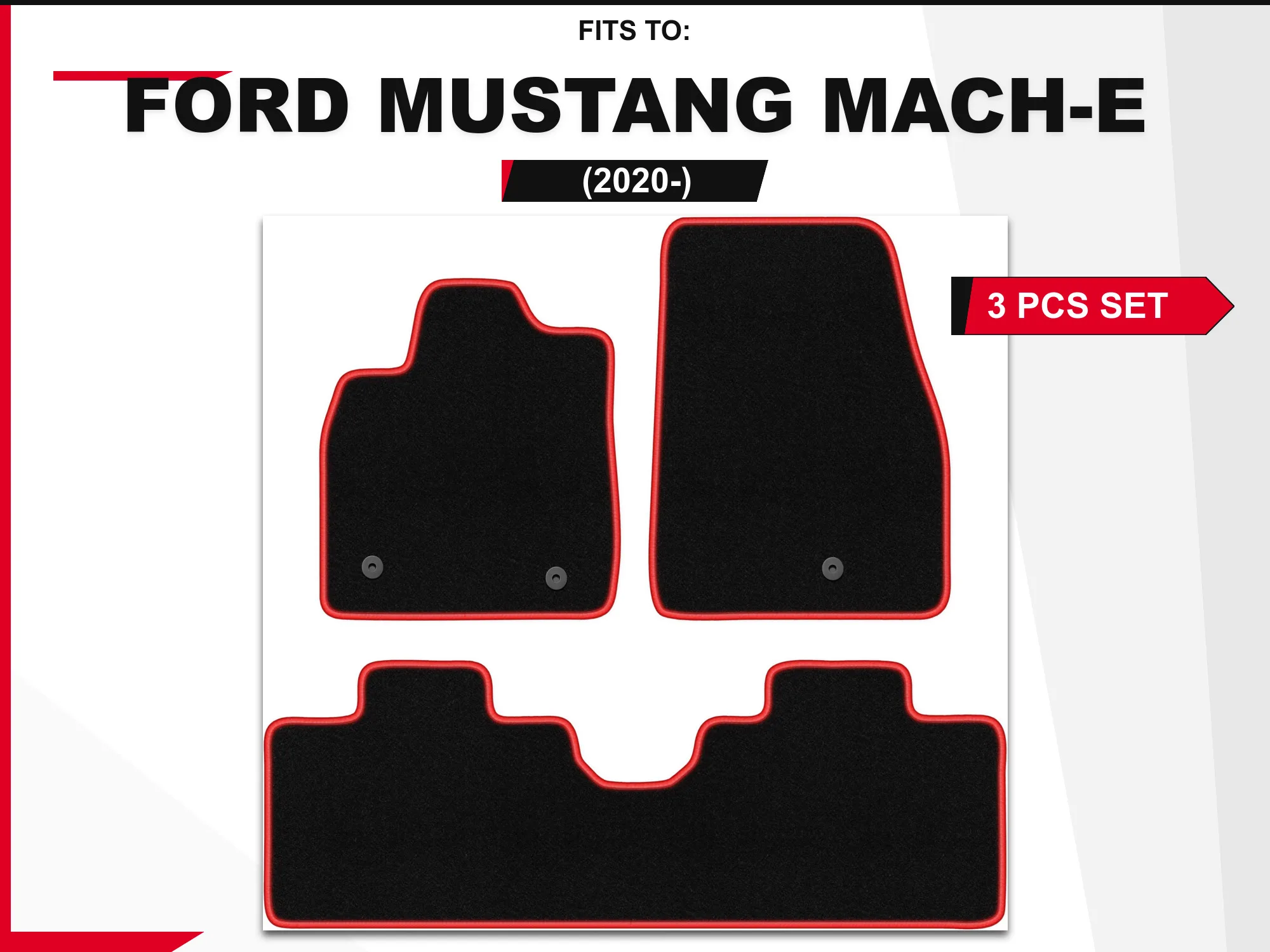 Velour vloermatten voor: Ford Mustang Mach-E 2020–, 3 stuks. Zwart en rood passende autovloermatten, set