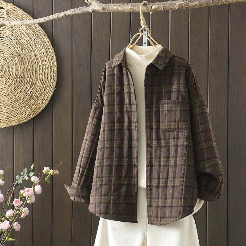 レトロな格子縞の綿素材の女性用ロングスリーブルーズ韓国風スリーブルーズ秋春アウターウェアボタンアップレイジートップ