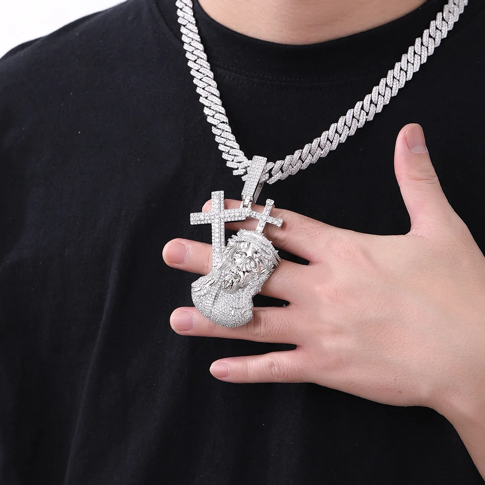 

Vintage Cross & Portrait Pendant Necklace: Micro-Pavé Full Zirconia Chain