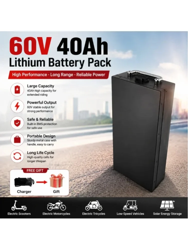 60V 20Ah-40Ah 2000W Lithium-Batterie für Elektrofahrzeuge, geeignet für Harley Zweirad-Faltroller Citycoco, inklusive Ladegerät