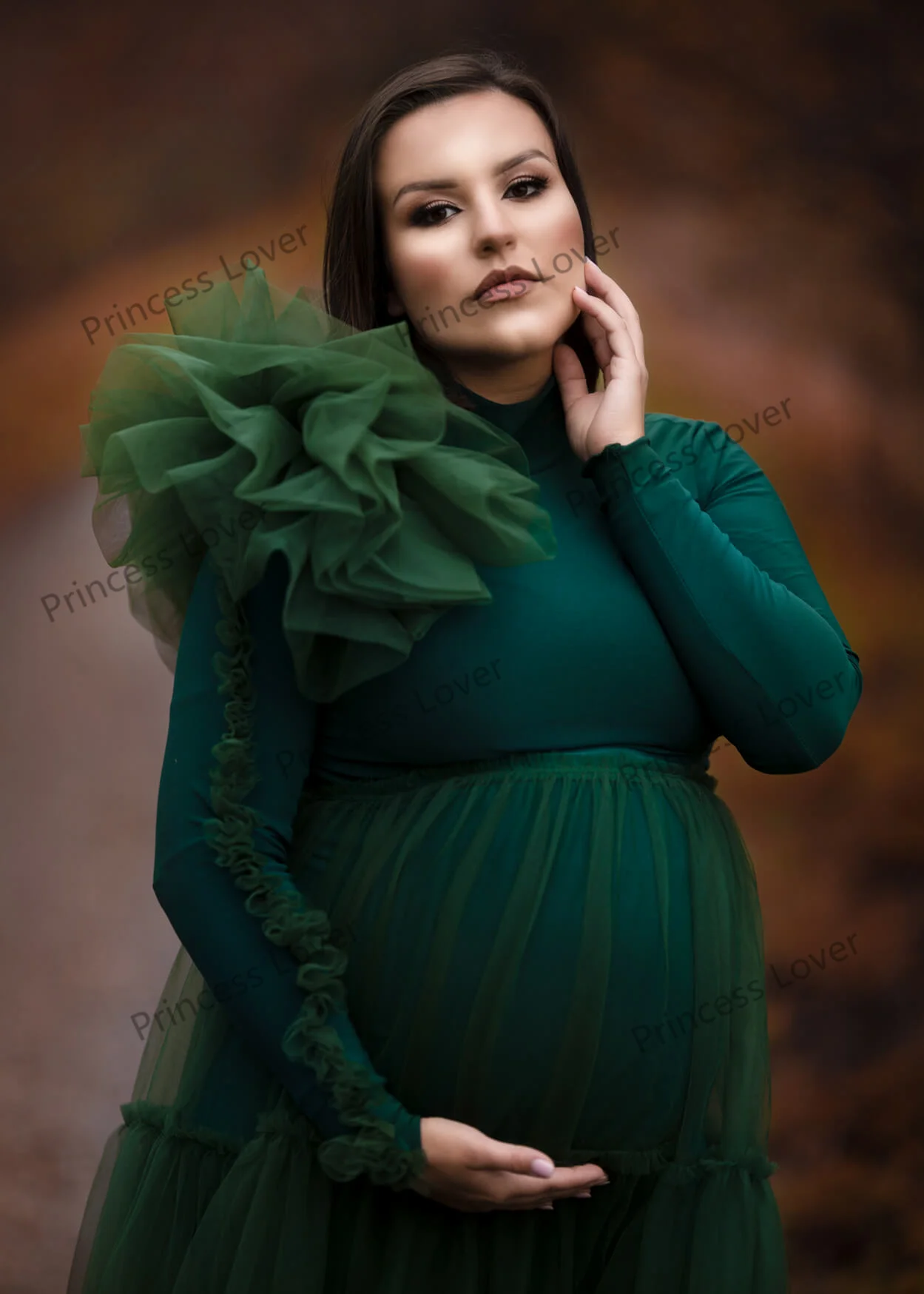 Boho Green Maternity Dress Long Sleeves Prom Gown with Over Skirt Tulle Photoshoot Boudoir Lingerie