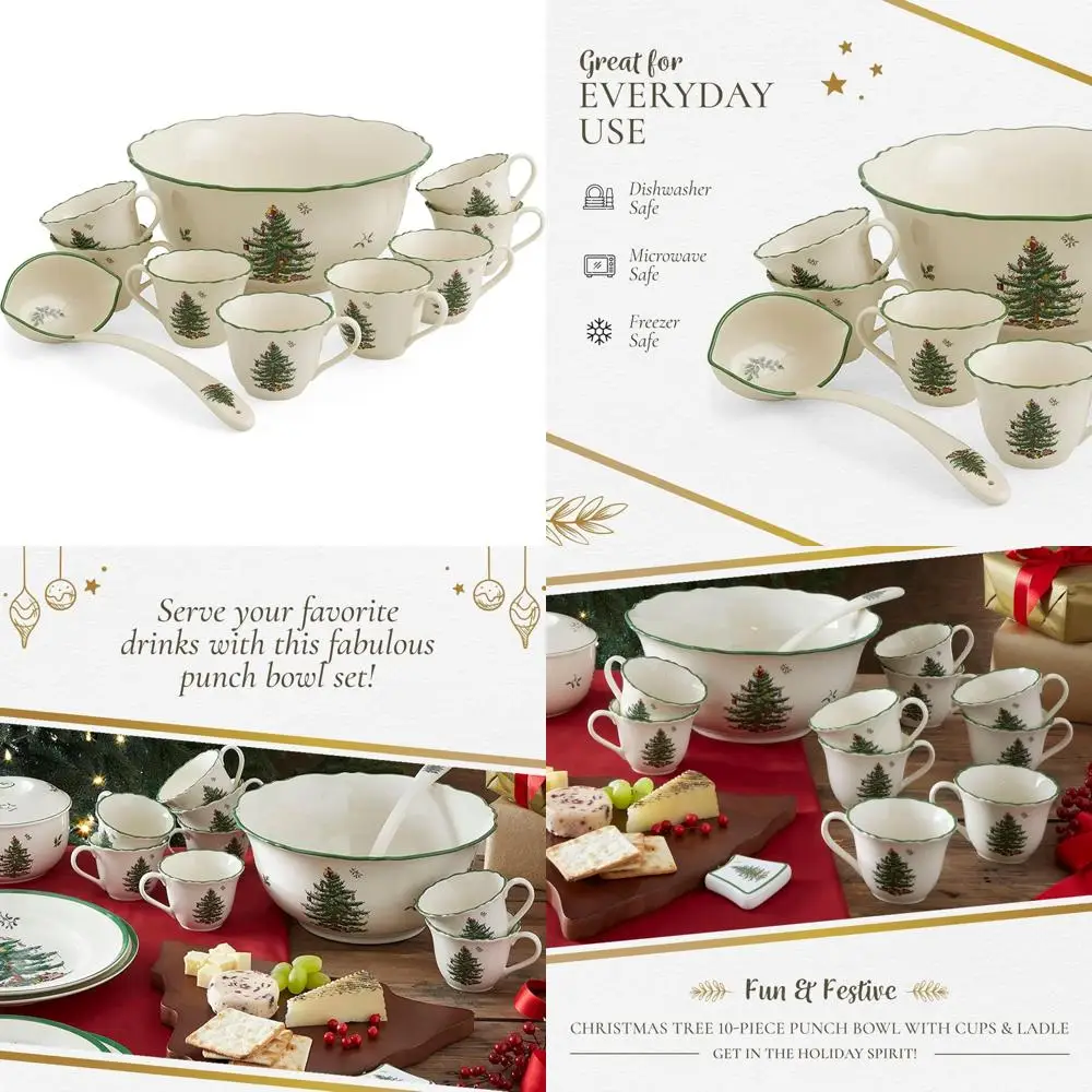 

Набор дыроколов для рождественской елки — порцеляновая праздничная посуда из 10 предметов с сервировочной чашей, ковшом и 8 чашками, чашей 11 дюймов