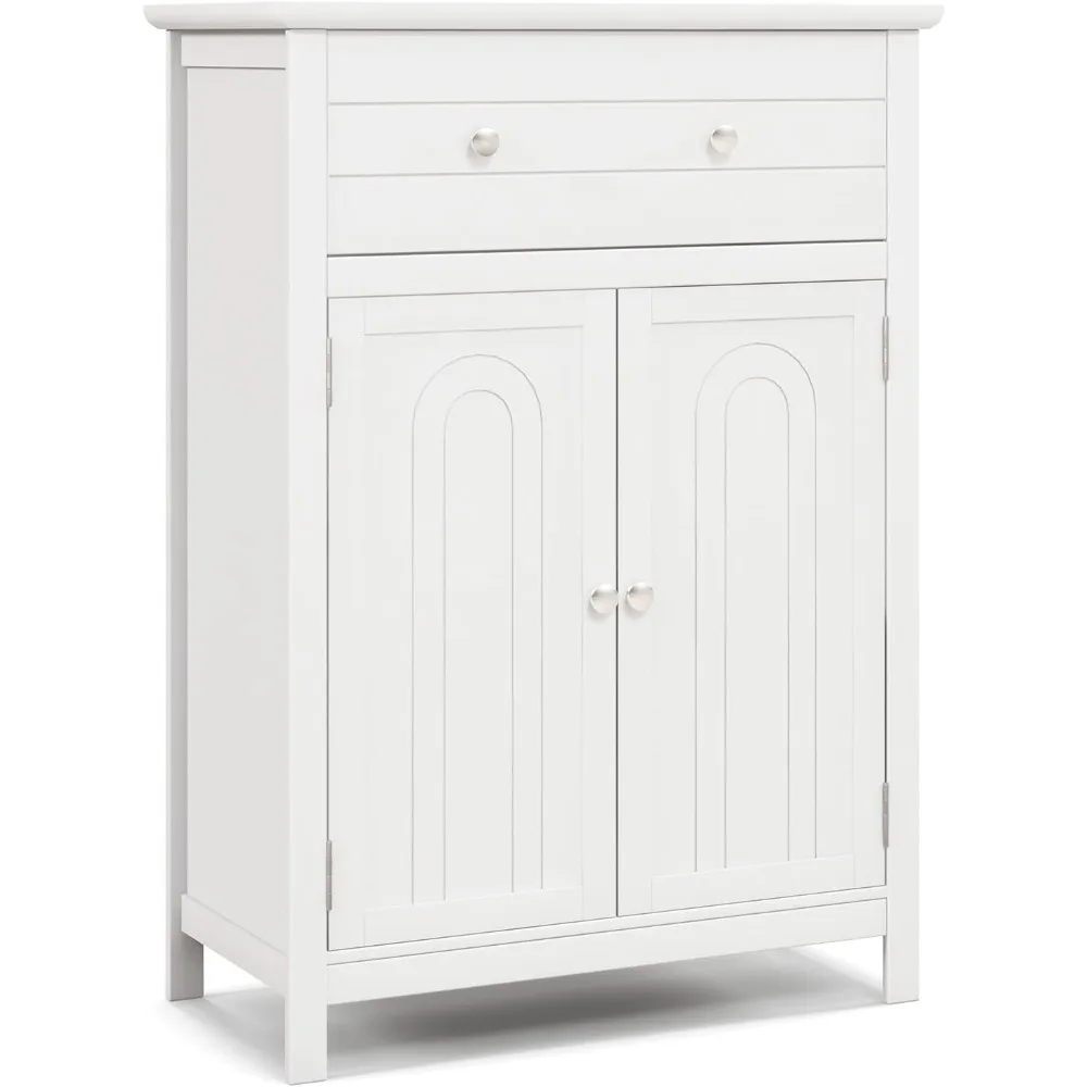 

White Bathroom Cabinet,Freestanding Wooden Storage Cabinet w/Large Drawer & Cabinet,2 Doors,3 Heights Adjustable Shelf, Bathroom