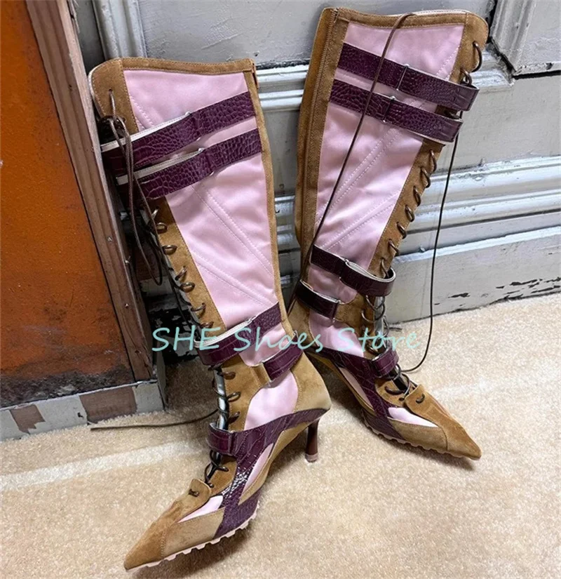 

Mixed Color Belt Buckle Lace-Up Women Knee High Boots Sexy Pointed Toe Thin Heel Patchwork Leather Boots Ladies Dress Shoes