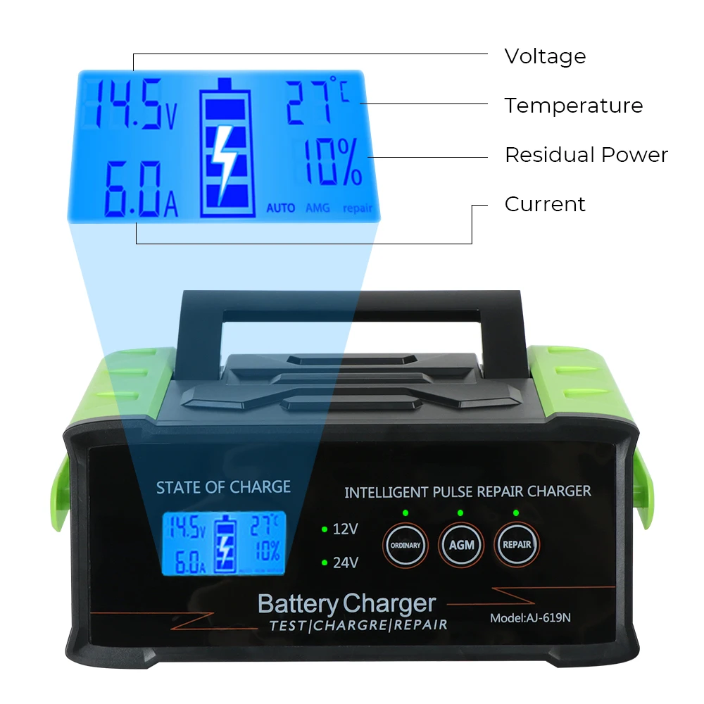 24V/12A 12V/25A Car Battery Chargers 400W High Power Smart Pulse Repair For Boat Truck Motorcycle Lead Acid Batteries US EU Plug