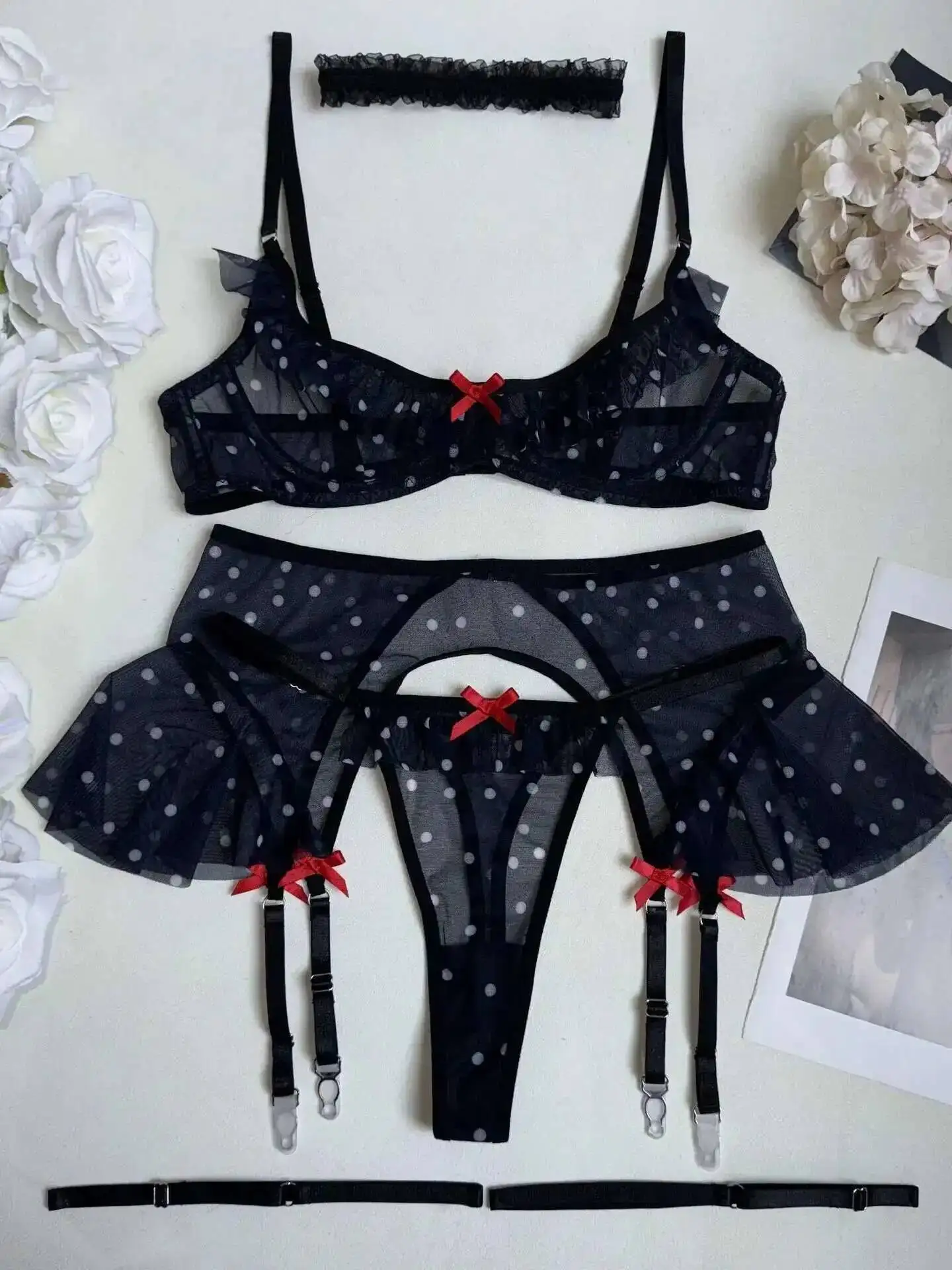 دوت طباعة بيكيني مثير الدانتيل شبكة شفافة عارية الذراعين العميق الخامس الحمالات أكمام بيكيني الساحرة لقضاء عطلة الشاطئ عادية G4SP #5