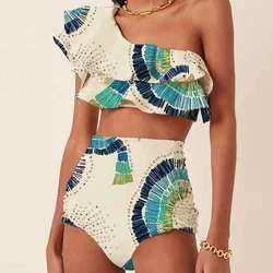 Fashion Women's Swimsuit Single Shoulder Three-Dimensional Ruffle Edge Contrasting High Waist Two-Piece New Swimsuit And Cover