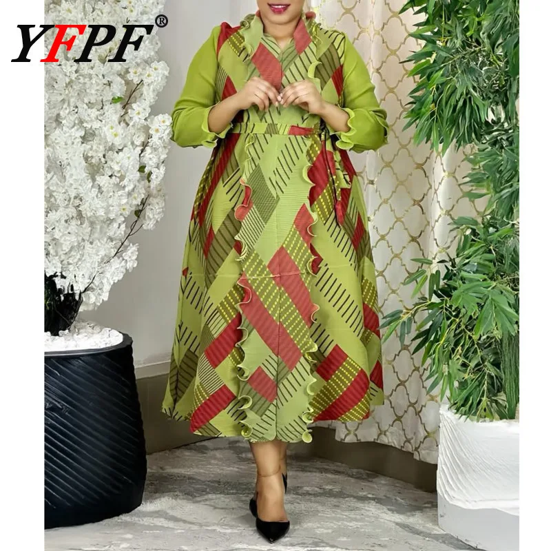 

YFPF Miyake Pleated Printing Long Dress Women Fashion Ruffles Belt Gathered Waist Dresses Elegant 2025 New Clothing 3A411