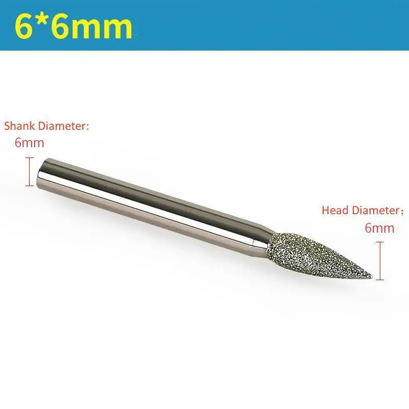 5PCS Dia 6mm Shank Diamond Grinding Burr Drill Bits with 6/8/10/12/14mm Grinding Head For Dremel Engraving Rotary Tools