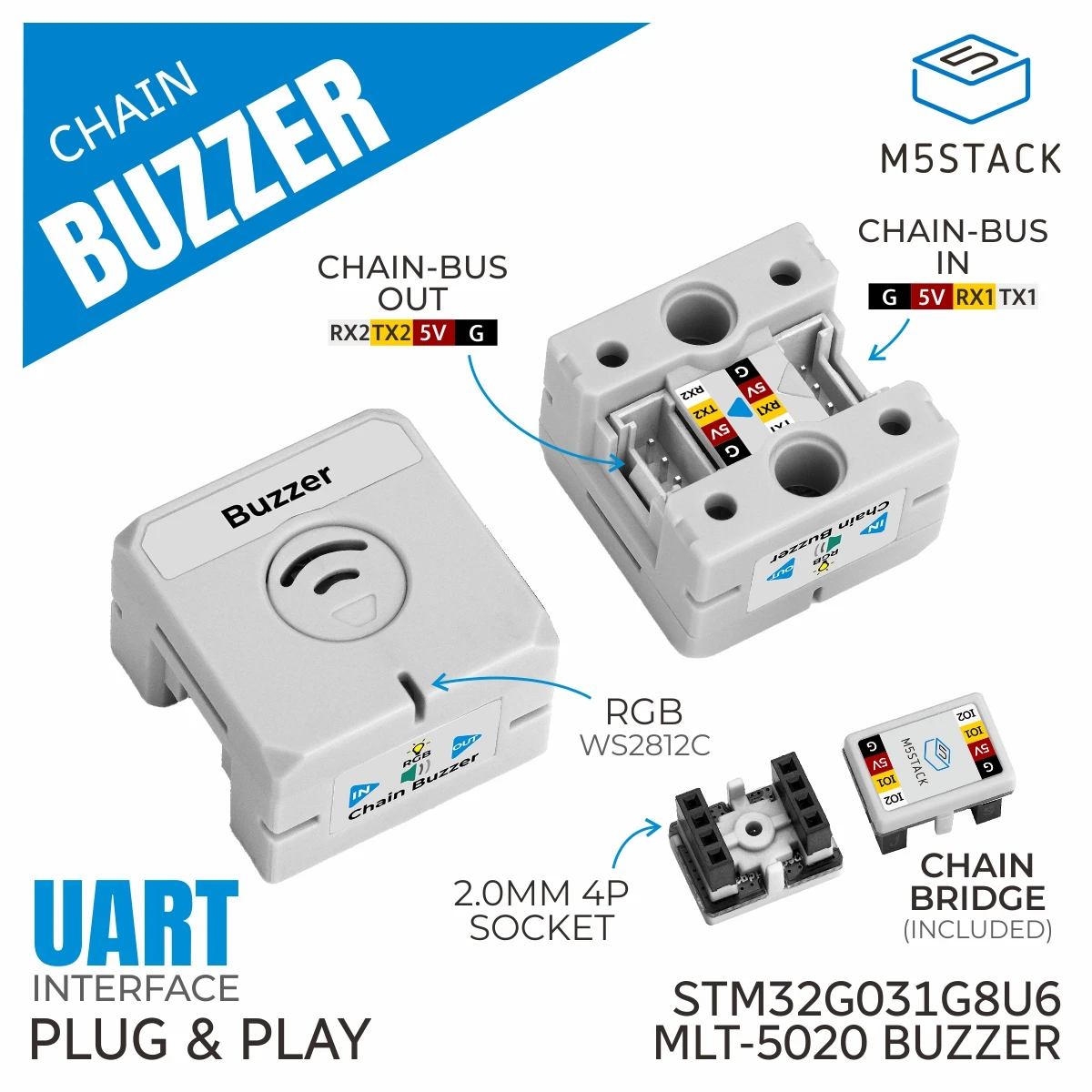 M5Stack Official Chain Buzzer Output Node STM32G031 UART Daisy Chain RGB LED Dual HY2.0-4P 5V for Audible Alerts Smart Home