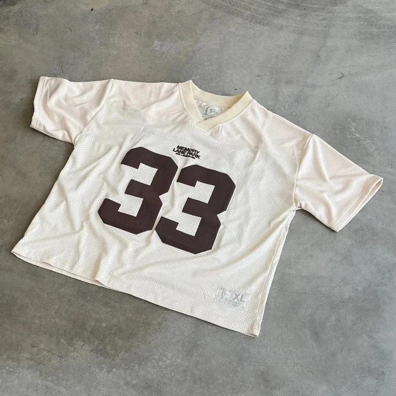 T-shirt in rete con numeri retrò stampa in schiuma streetwear uomo donna Harajuku casual nylon oversize traspirante manica corta unisex