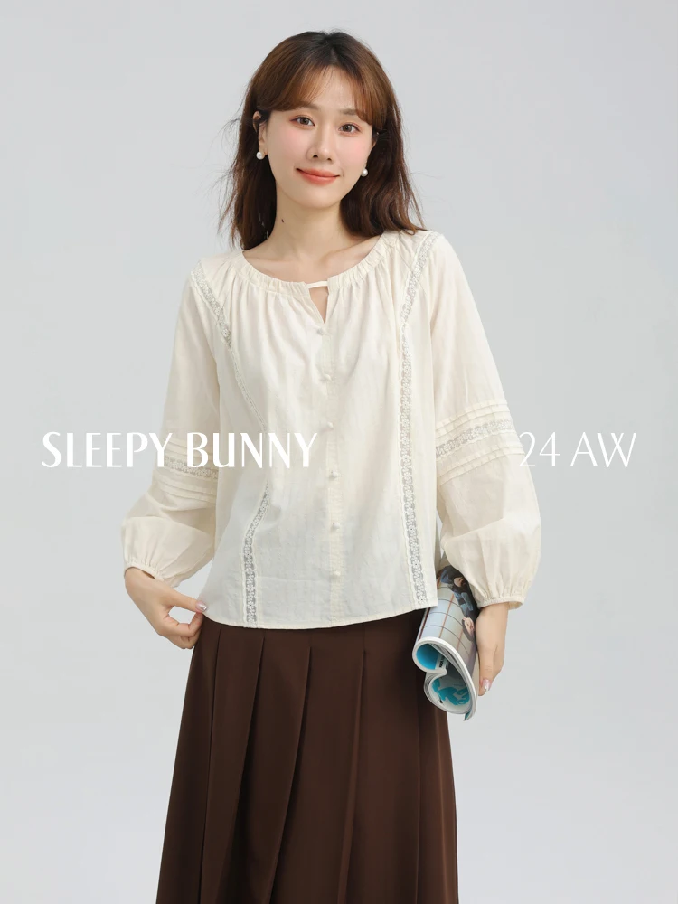 Women Spring V-Neck Hollow Out Blouse Lantern Sleeves Loose Fit Striped Patchwork Design Sweet Casual Slimming Top Daily Wear