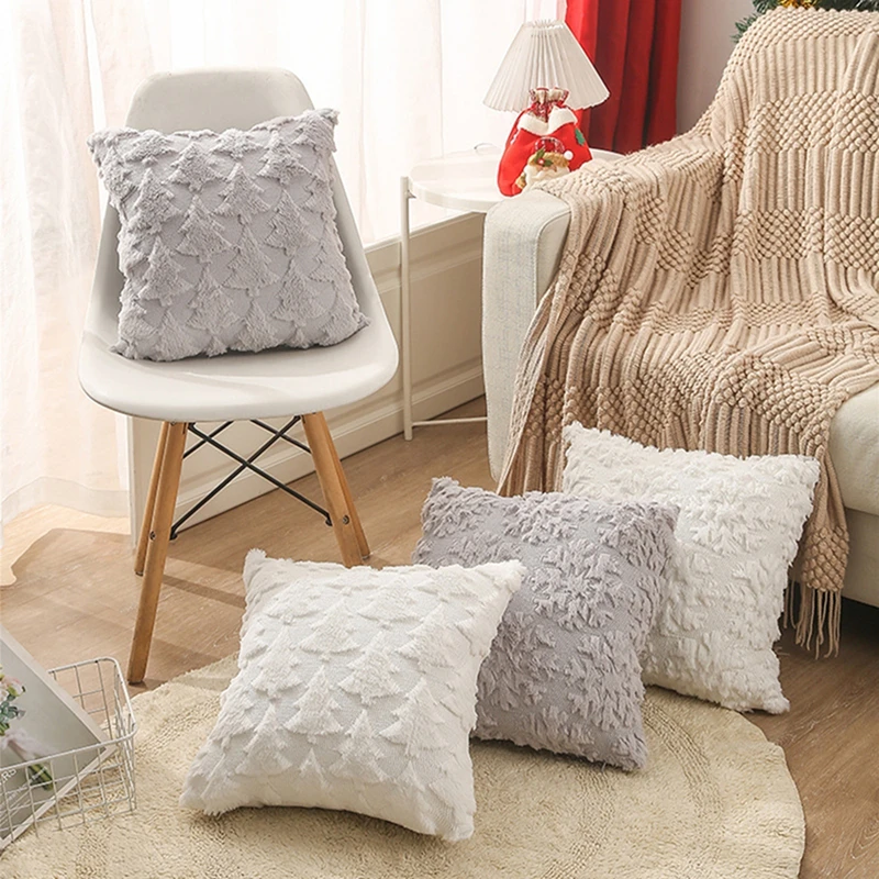 Christmas Plush Pillow Covers Double-Sided Snowflake/Tree Pattern Cushion Cases for Home Decor Sofa Pillow Case
