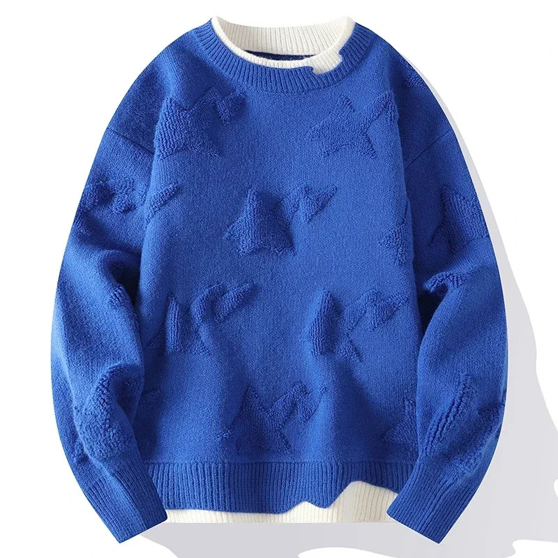 

New Printed Men Sweaters Fashion Style Fake Two Pieces Knitted Sweater Casual Loose Solid Male Pullovers Streetwear