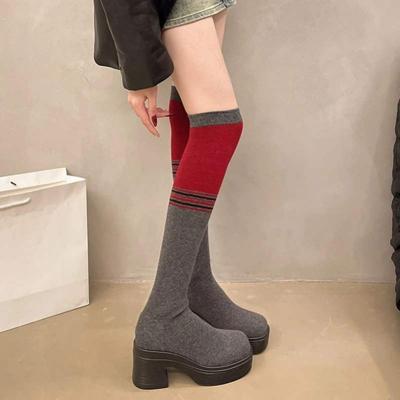 

Chunky Heel Women's Over-the-Knee Sock Boots 2025 Autumn/Winter Single-Layer Knit Elastic Slim Fit Boots Versatile Footwear