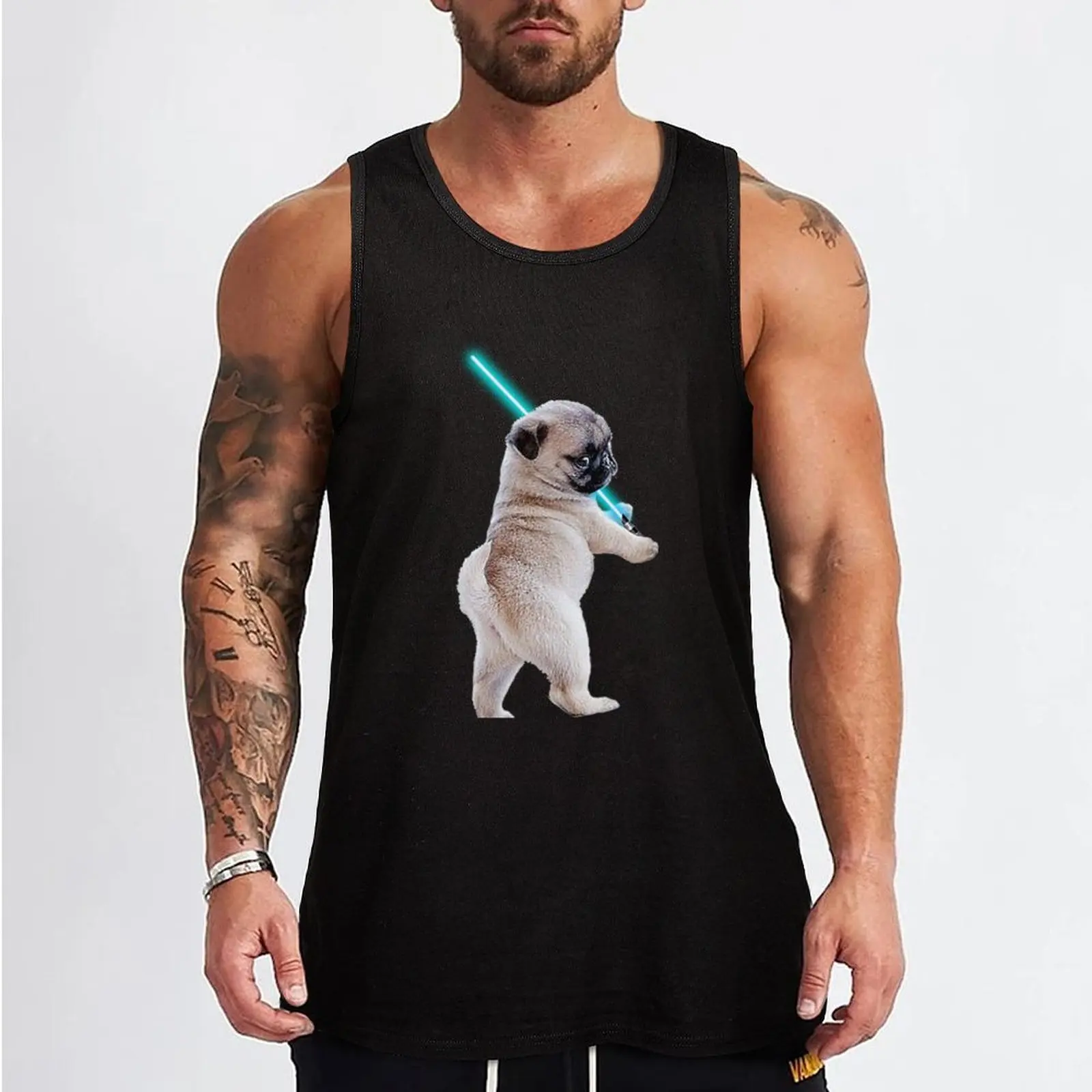 Pug with Lightsaber Tank Top t-shirt Men's gym shirt men gym t shirt men bodybuilding man