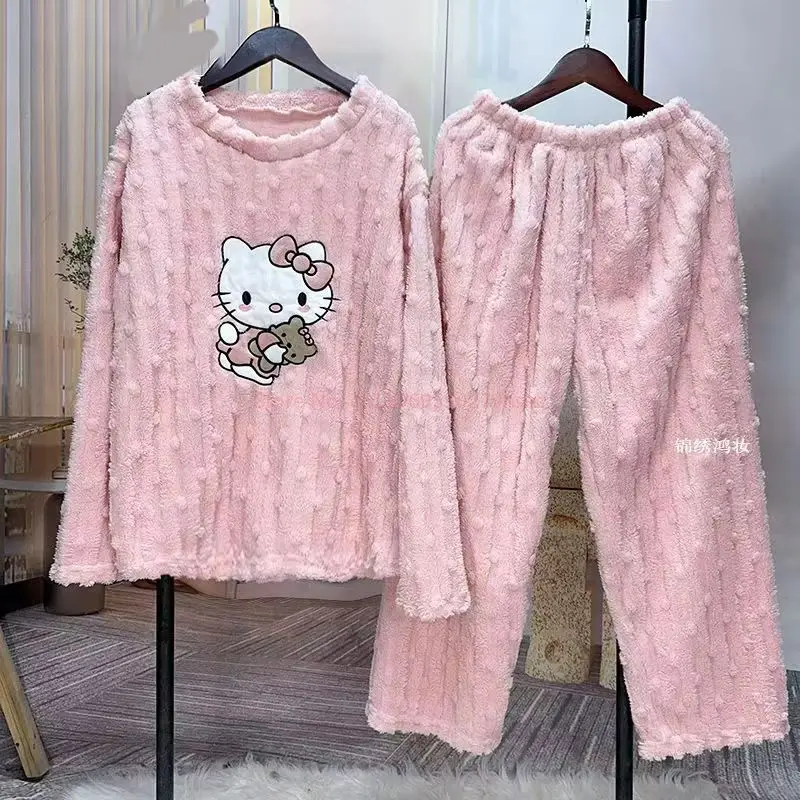 Коралловые бархатные пижамы Hellokitty для женщин, фланелевые утепленные брюки, милые домашние осенние и зимние пижамы с героями мультфильмов, подарок