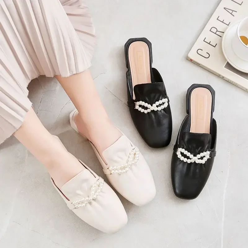 Fashionable Pearl Head Half Slippers Women's 2024 Spring Autumn New Outerwear Lazy Shoes Trendy INS Weatherproof PVC Material