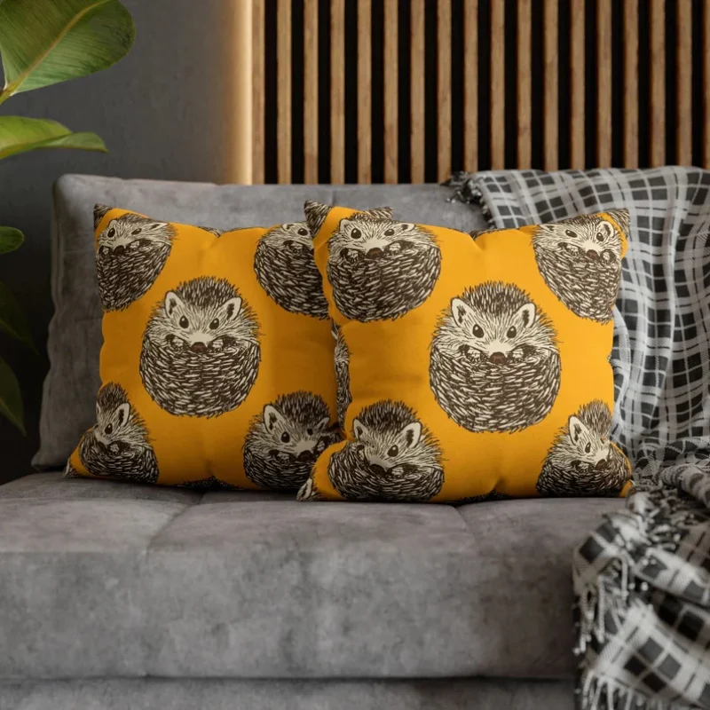 Cute Hedgehog Pattern Double-Sided Throw Pillowcase, Decorative Square Cushion Cover for Sofa and Living Room