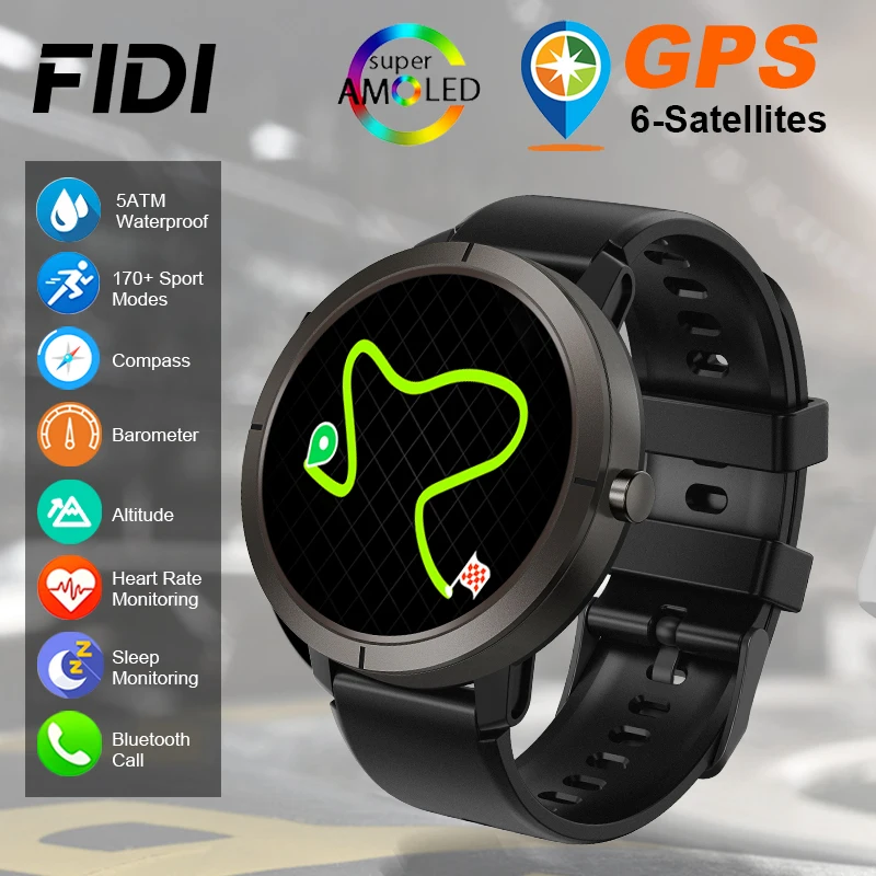 

FIDI GPS 6 спутников Смарт-часы Компас Высотомер Барометрический 170 спортивных режимов 5ATM Водонепроницаемые умные часы AMOLED BT Call 1,32 дюйма