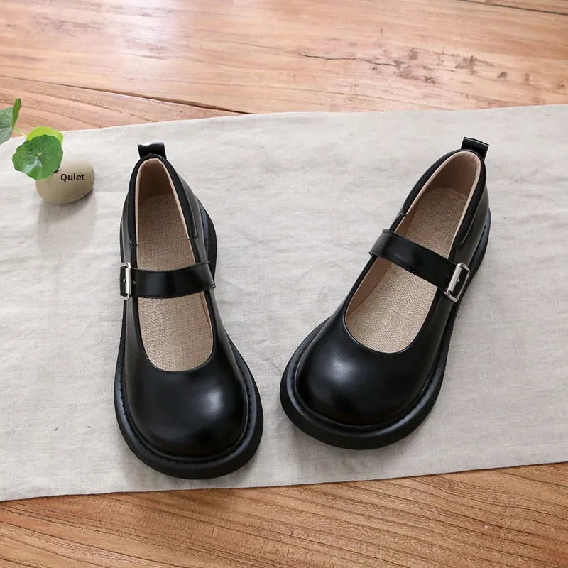 

Retro Japanese Style Mary Jane Flat Heel Shoes Spring Season Women's Fashionable Flats round Toe Rubber Outsole Ultra-Fine Fiber